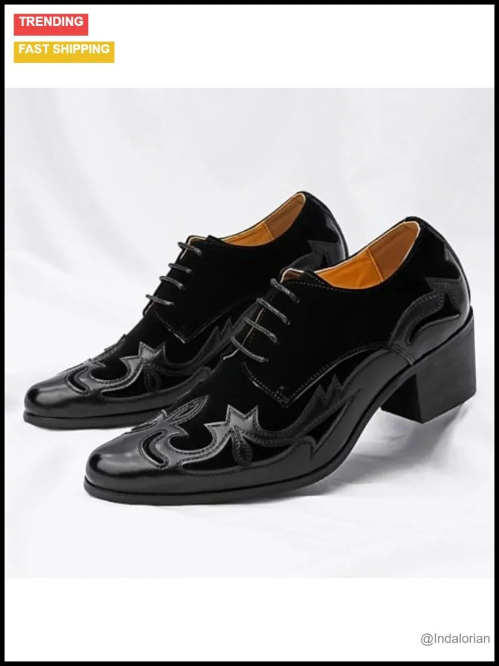 Men's Retro Embroidery Chunky Heel Oxfords Lace Up Pointed Toe Leather-Patched
